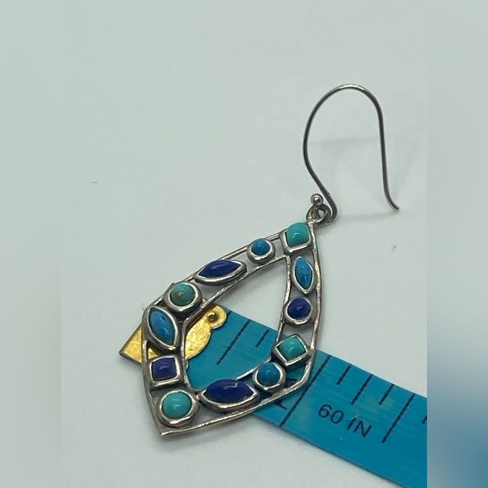 Vtg 925 Sterling Silver & Multi Colour Blue Turqouise Dangle Earrings | 2.2” - Picture 11 of 13